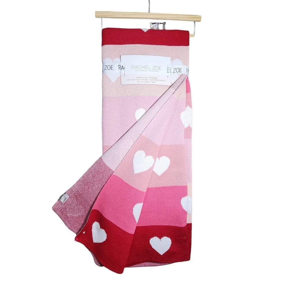 Zoe Rachel Cotton Blend Knit Throw Blanket Heart Color Block Pink Red 50x70